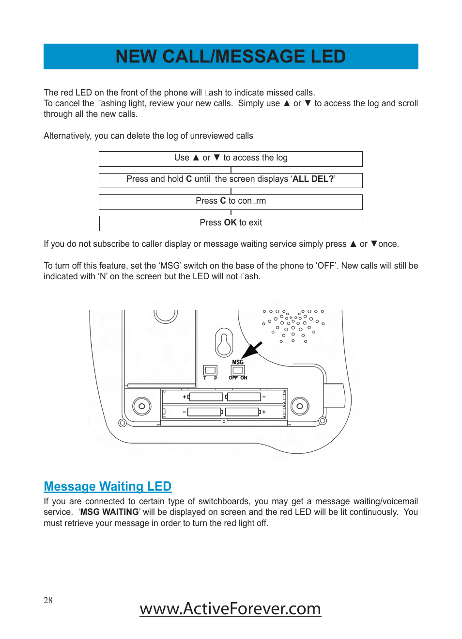 New call/message led, Message waiting led | Activeforever Geemarc AMPLI500 Amplified Phone User Manual | Page 28 / 32