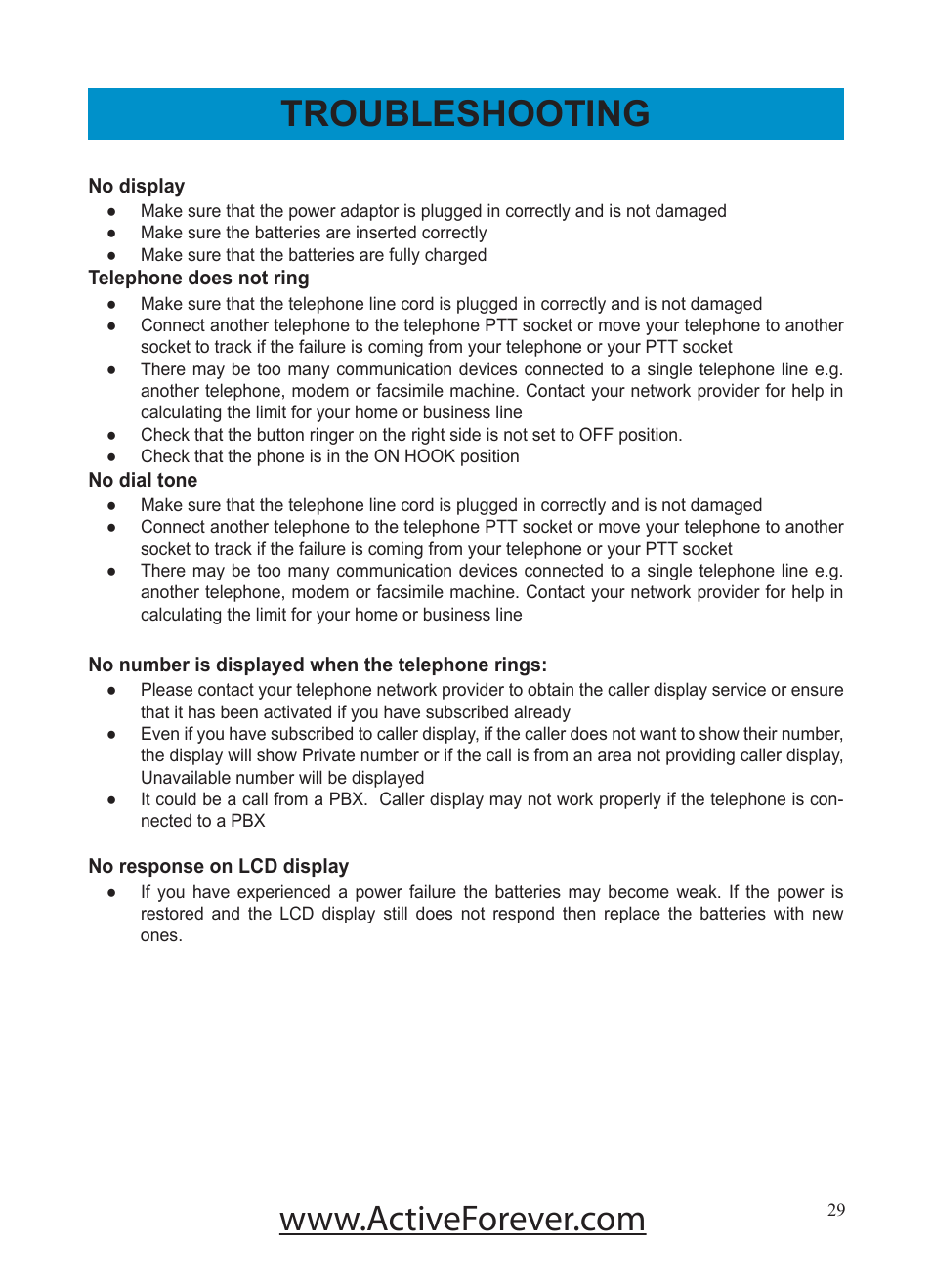 Troubleshooting | Activeforever Geemarc AMPLI500 Amplified Phone User Manual | Page 29 / 32