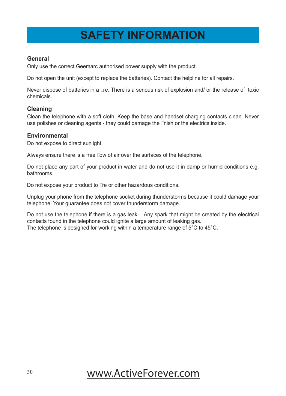 Safety information | Activeforever Geemarc AMPLI500 Amplified Phone User Manual | Page 30 / 32