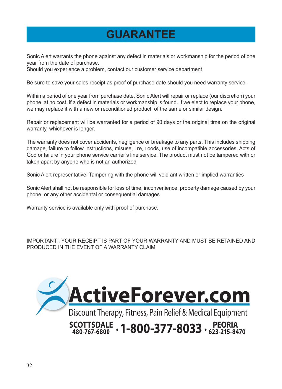 Guarantee | Activeforever Geemarc AMPLI500 Amplified Phone User Manual | Page 32 / 32