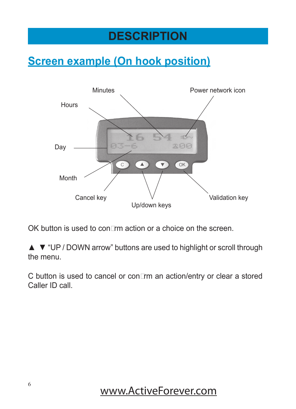 Description, Screen example (on hook position) | Activeforever Geemarc AMPLI500 Amplified Phone User Manual | Page 6 / 32