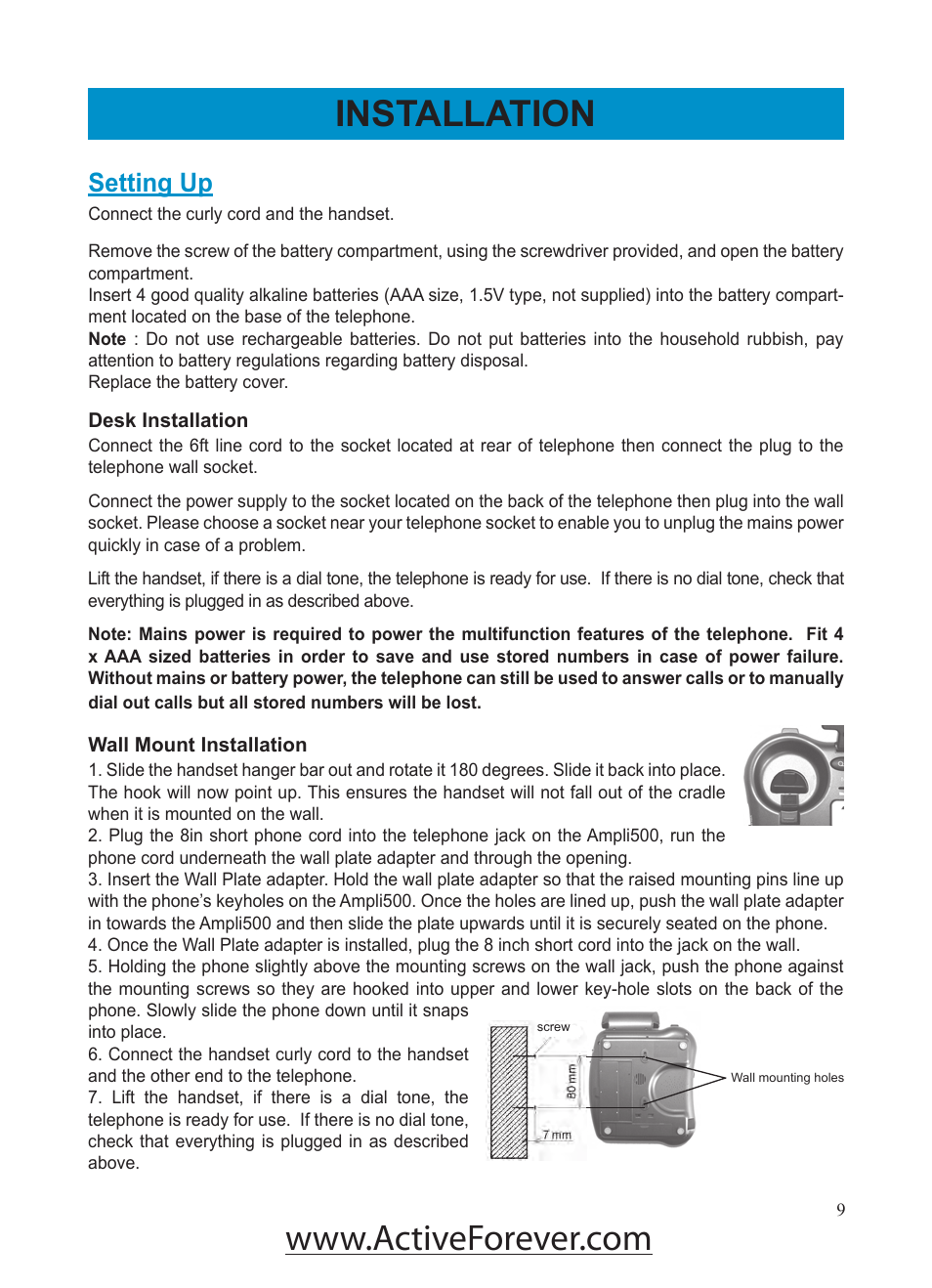 Installation, Setting up | Activeforever Geemarc AMPLI500 Amplified Phone User Manual | Page 9 / 32