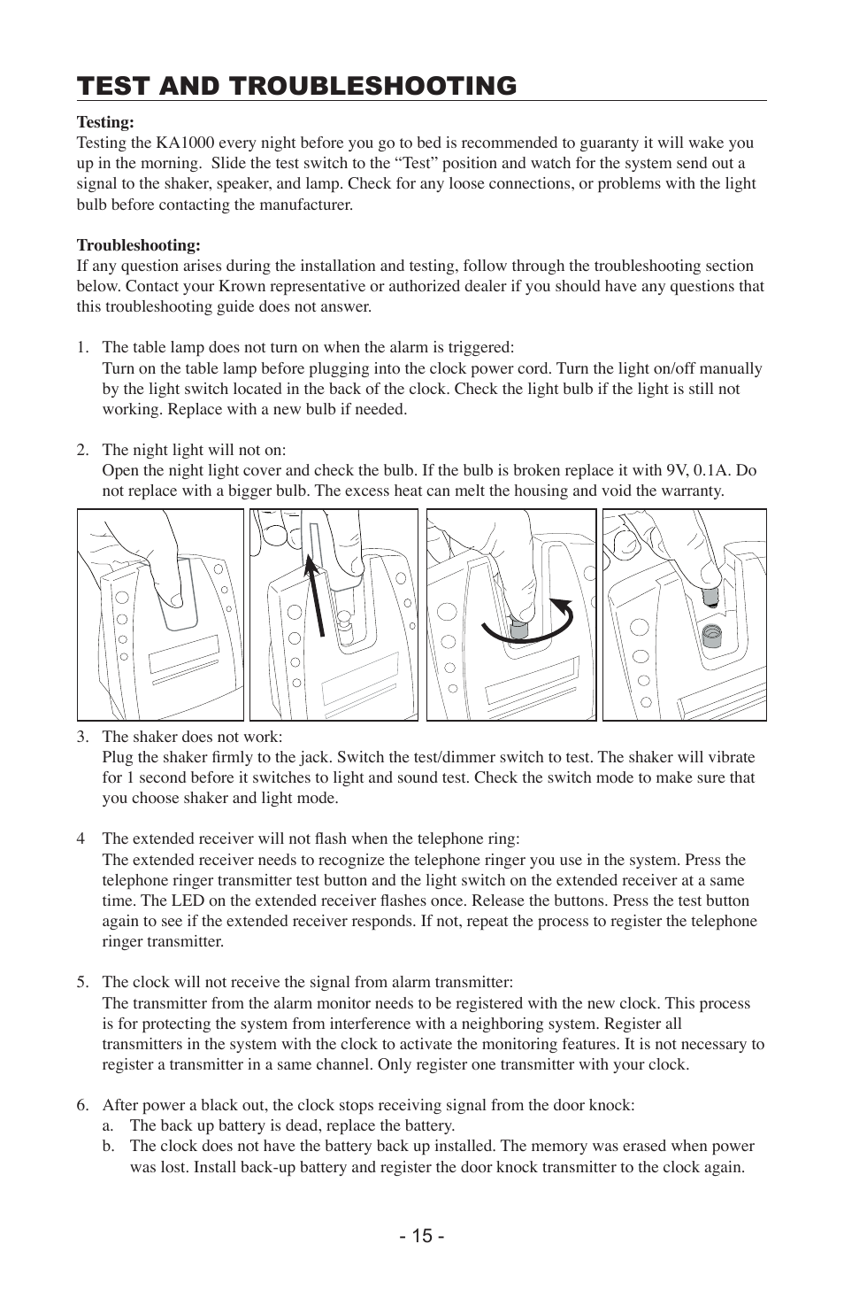 Test and troubleshooting | Activeforever Krown Dual Alarm Clock with Alerting System User Manual | Page 15 / 17