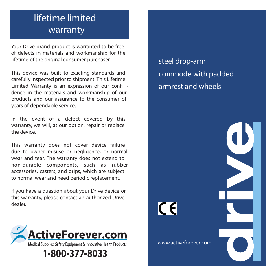 Activeforever Drive Padded Drop Arm Commode User Manual | 2 pages