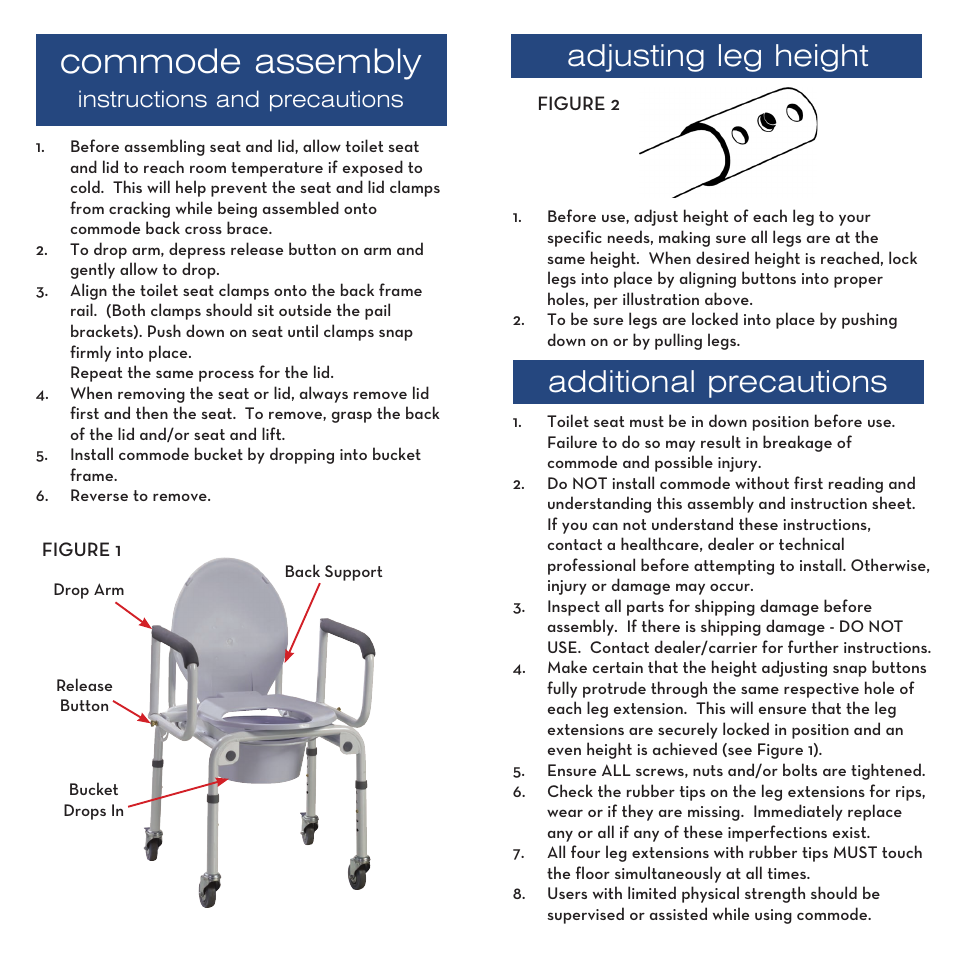 Commode assembly, Adjusting leg height additional precautions, Instructions and precautions | Activeforever Drive Padded Drop Arm Commode User Manual | Page 2 / 2