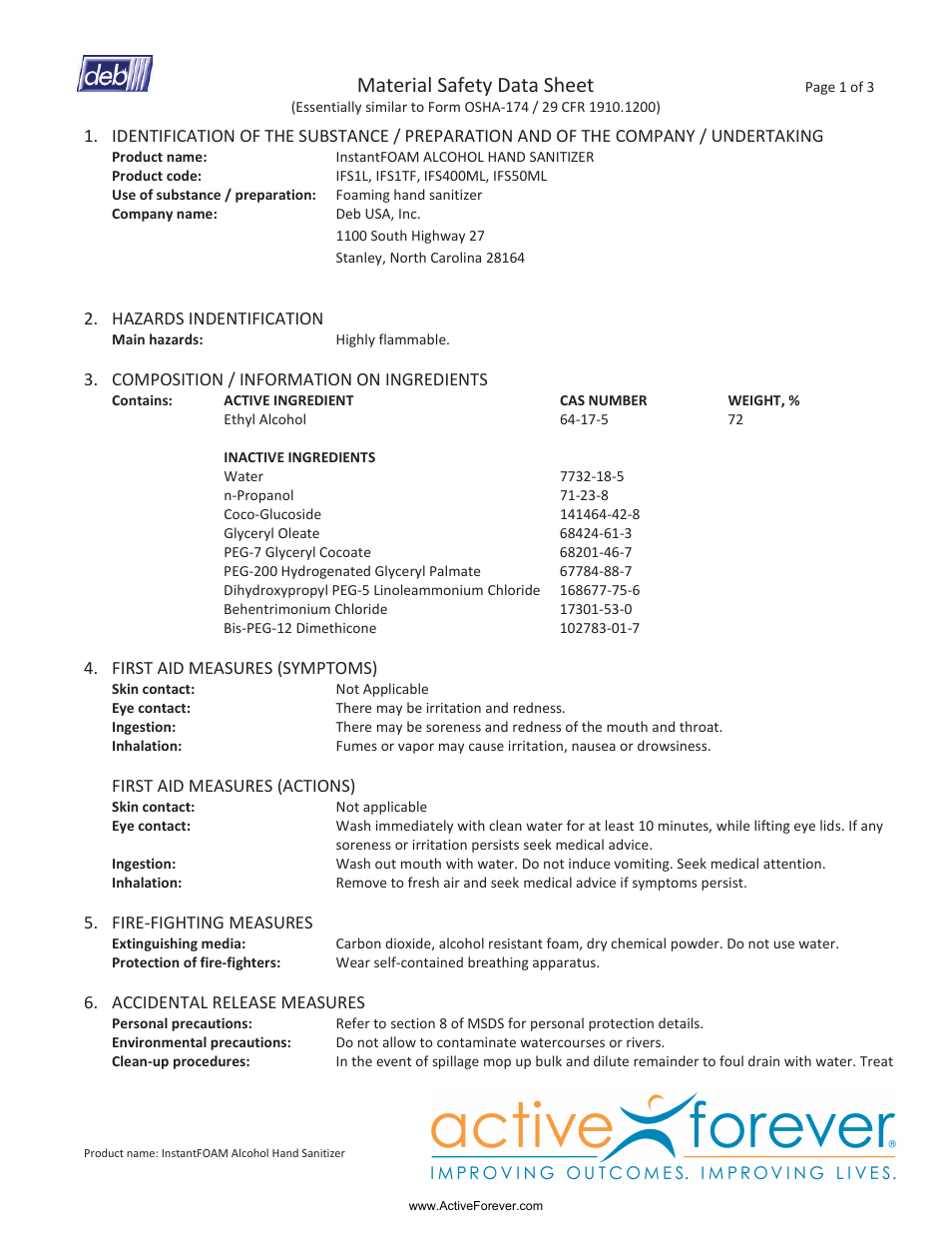 Activeforever Instantfoam 72% Alcohol Non-Aerosol Foaming Hand Sanitizer User Manual | 3 pages