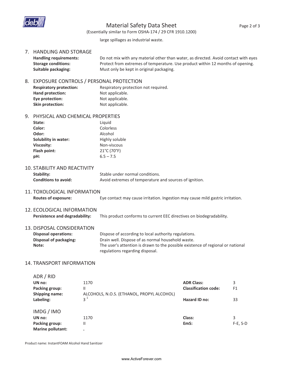 Material safety data sheet | Activeforever Instantfoam 72% Alcohol Non-Aerosol Foaming Hand Sanitizer User Manual | Page 2 / 3