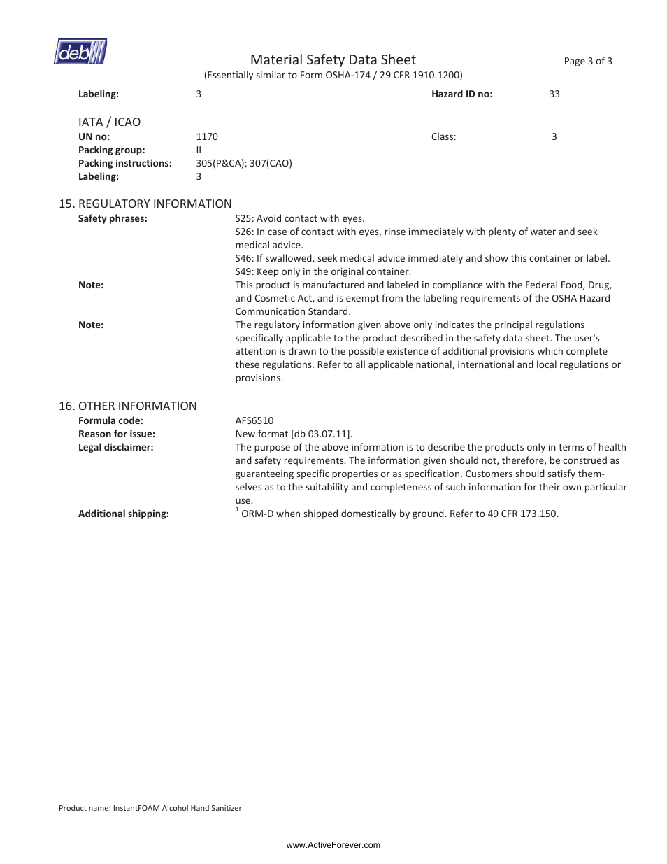 Material safety data sheet | Activeforever Instantfoam 72% Alcohol Non-Aerosol Foaming Hand Sanitizer User Manual | Page 3 / 3