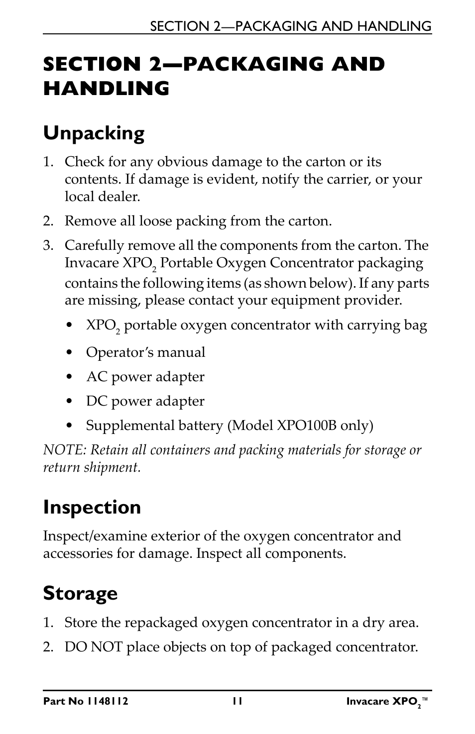 Section 2—packaging and handling, Unpacking inspection storage, Inspection | Storage | Activeforever Invacare XPO2 Portable Oxygen Concentrator User Manual | Page 11 / 47