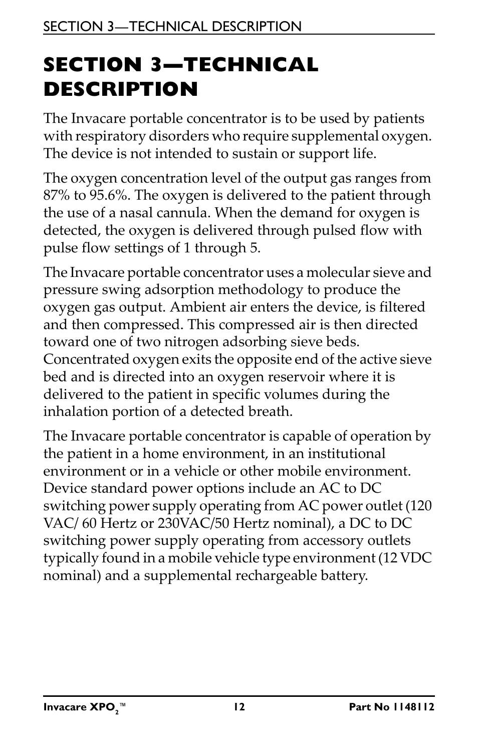 Section 3—technical description | Activeforever Invacare XPO2 Portable Oxygen Concentrator User Manual | Page 12 / 47