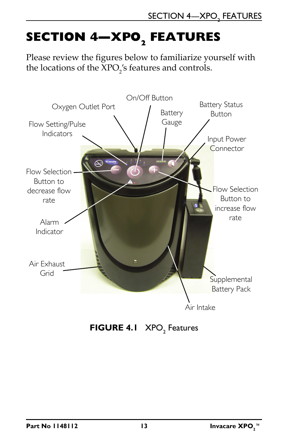 Section 4—xpo, Features | Activeforever Invacare XPO2 Portable Oxygen Concentrator User Manual | Page 13 / 47