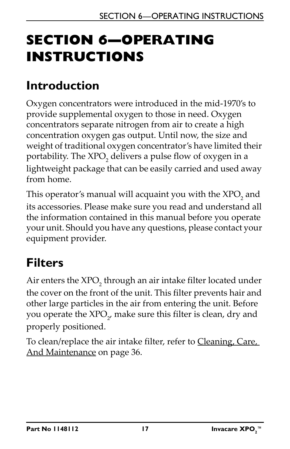 Section 6—operating instructions, Introduction filters, Introduction | Filters | Activeforever Invacare XPO2 Portable Oxygen Concentrator User Manual | Page 17 / 47