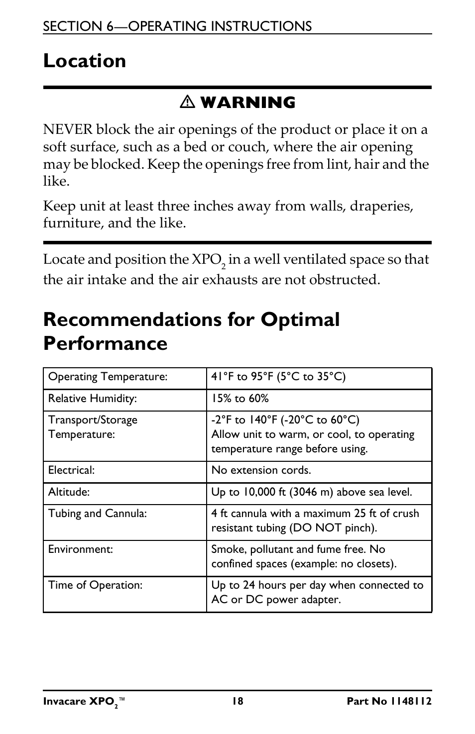 Location recommendations for optimal performance, Location, Recommendations for optimal performance | Ƽ warning | Activeforever Invacare XPO2 Portable Oxygen Concentrator User Manual | Page 18 / 47
