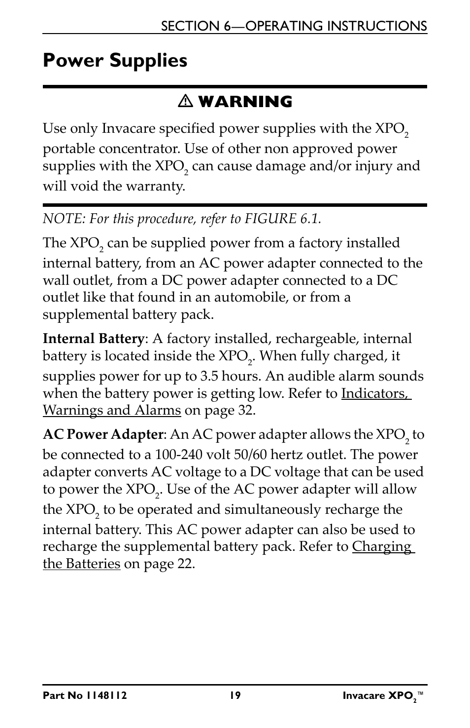 Power supplies, Ƽ warning | Activeforever Invacare XPO2 Portable Oxygen Concentrator User Manual | Page 19 / 47