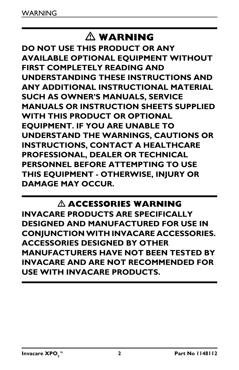 Warning, Ƽ accessories warning | Activeforever Invacare XPO2 Portable Oxygen Concentrator User Manual | Page 2 / 47