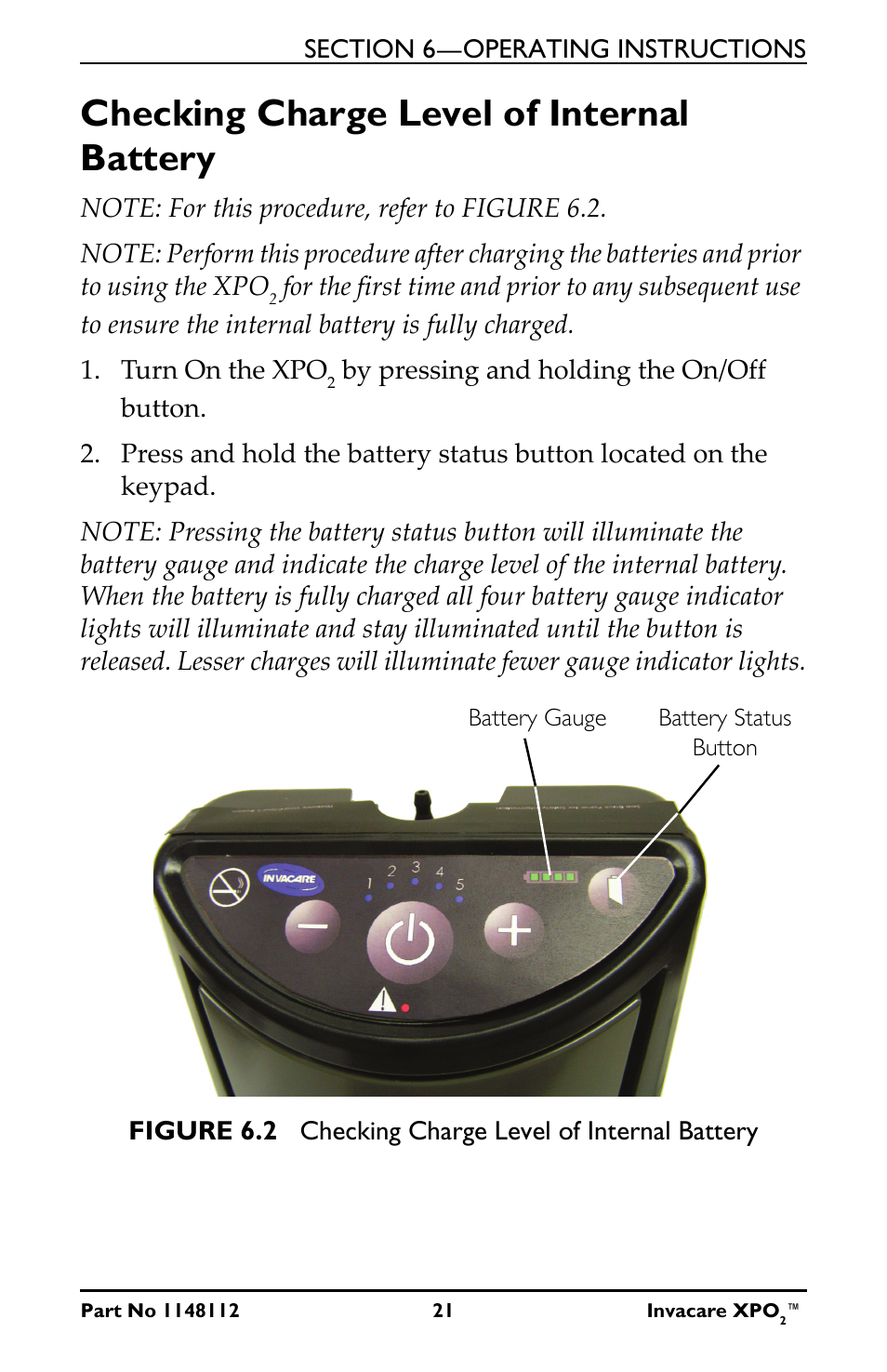 Checking charge level of internal battery | Activeforever Invacare XPO2 Portable Oxygen Concentrator User Manual | Page 21 / 47