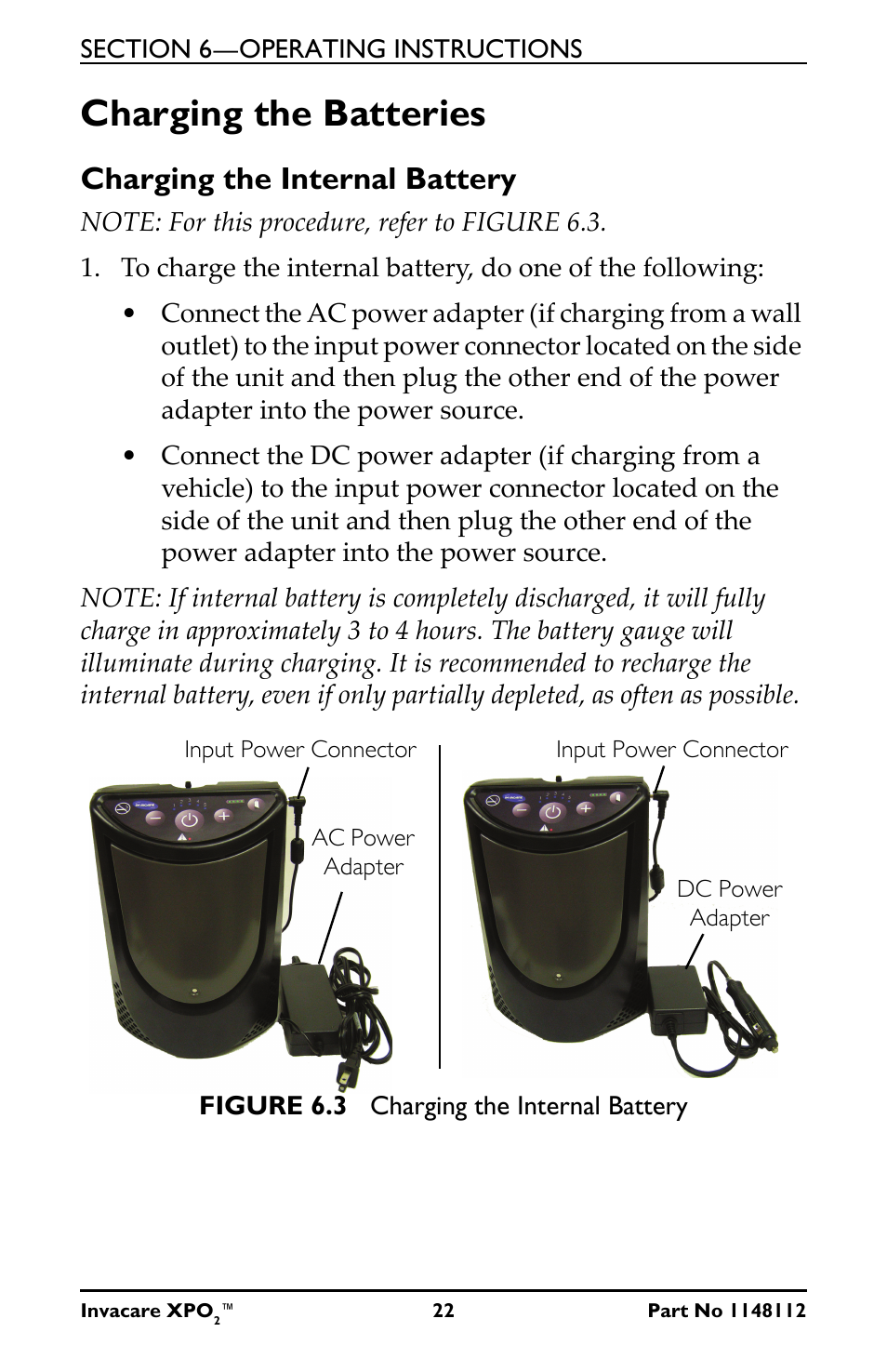 Charging the batteries, Charging the internal battery | Activeforever Invacare XPO2 Portable Oxygen Concentrator User Manual | Page 22 / 47