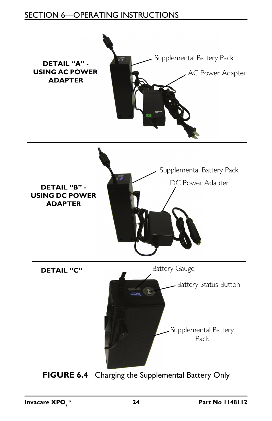 Figure 6.4 charging the supplemental battery only | Activeforever Invacare XPO2 Portable Oxygen Concentrator User Manual | Page 24 / 47