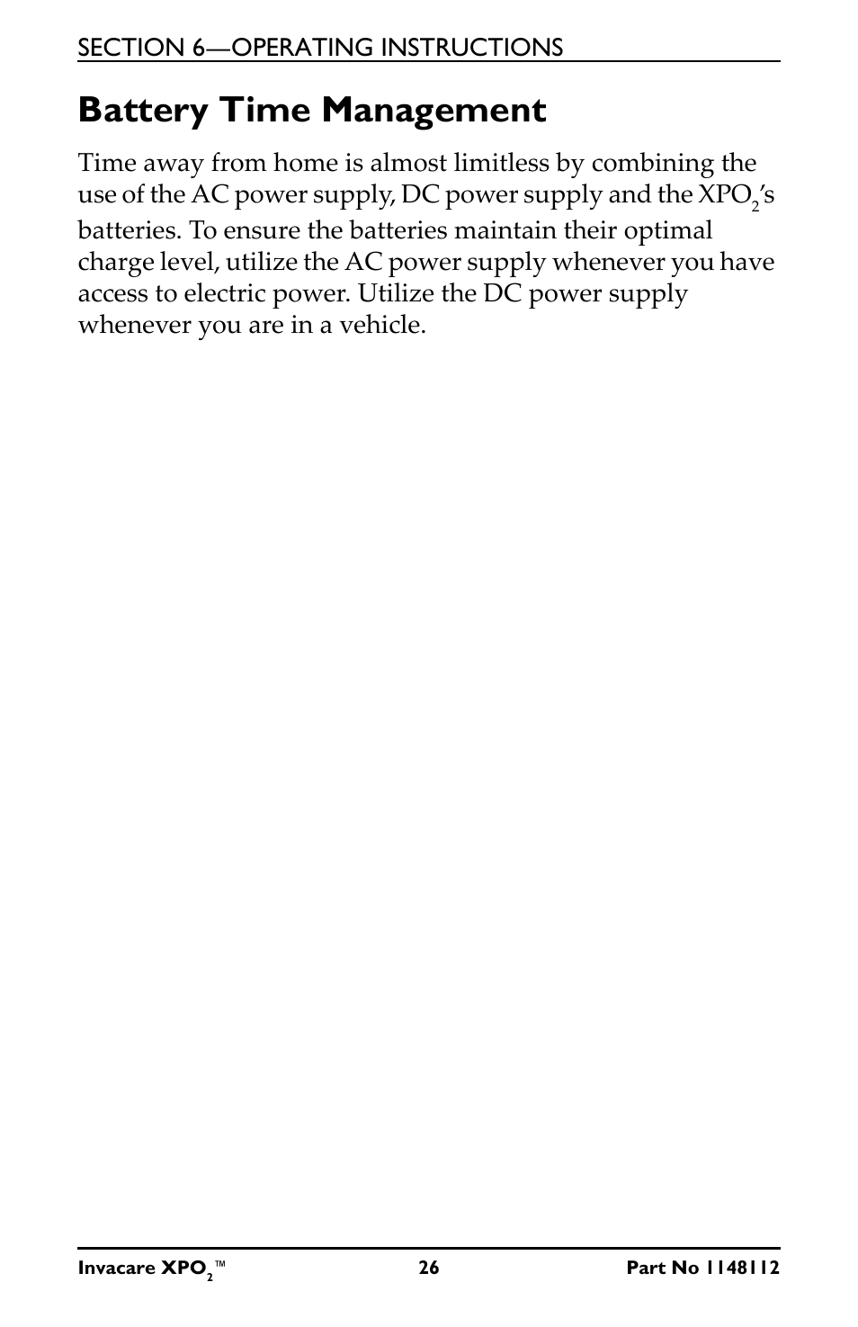 Battery time management | Activeforever Invacare XPO2 Portable Oxygen Concentrator User Manual | Page 26 / 47