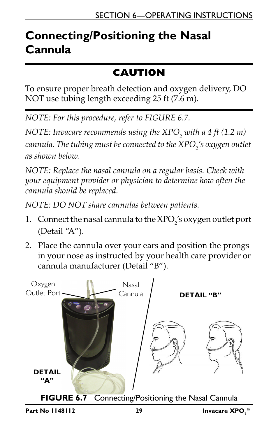 Connecting/positioning the nasal cannula, Caution | Activeforever Invacare XPO2 Portable Oxygen Concentrator User Manual | Page 29 / 47
