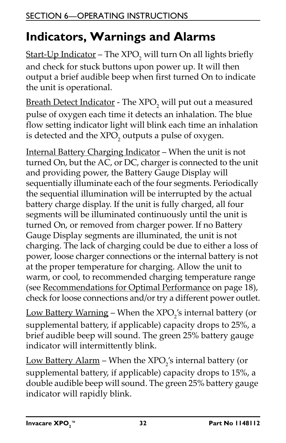 Indicators, warnings and alarms | Activeforever Invacare XPO2 Portable Oxygen Concentrator User Manual | Page 32 / 47