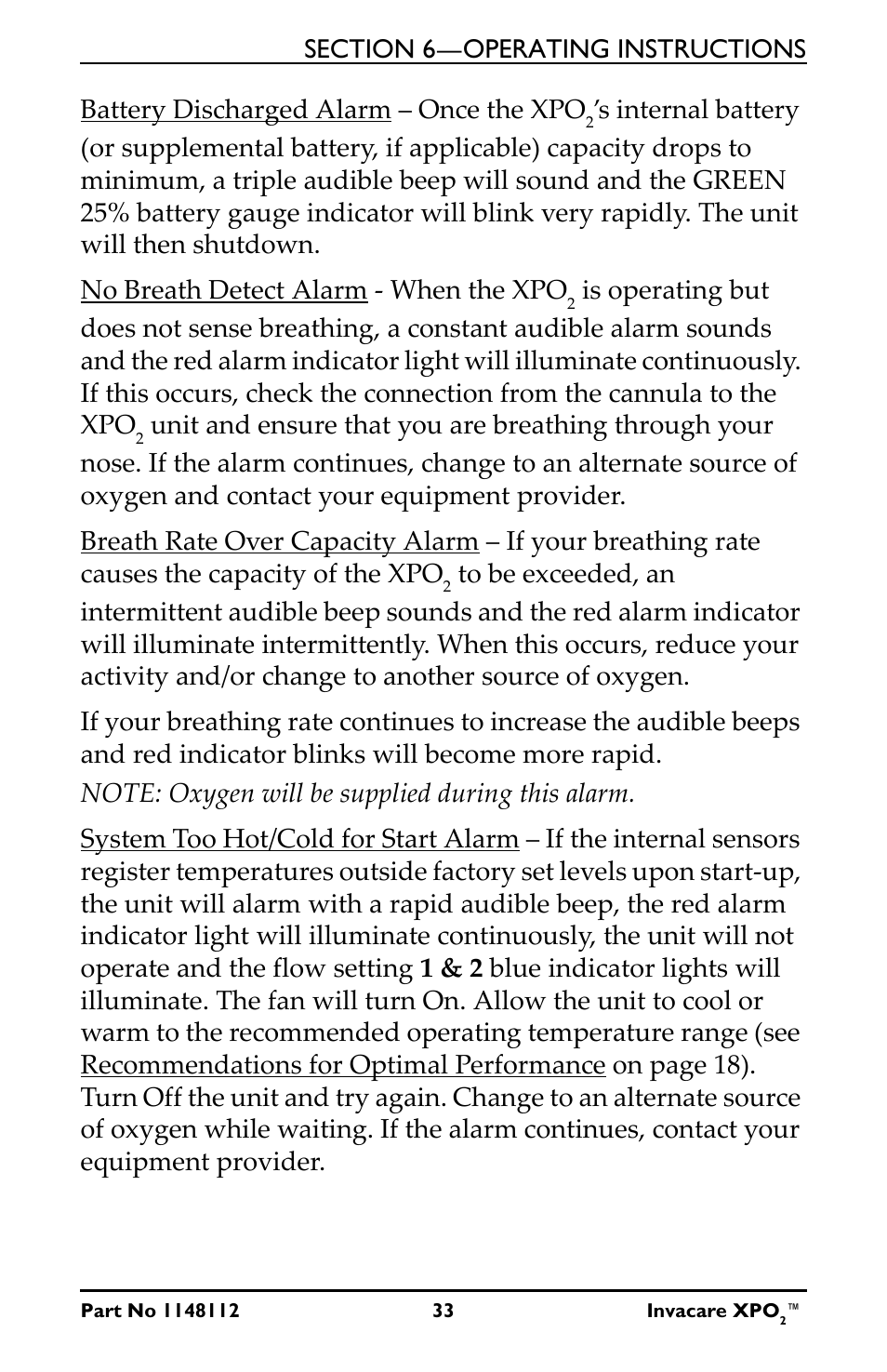 Battery discharged alarm – once the xpo | Activeforever Invacare XPO2 Portable Oxygen Concentrator User Manual | Page 33 / 47