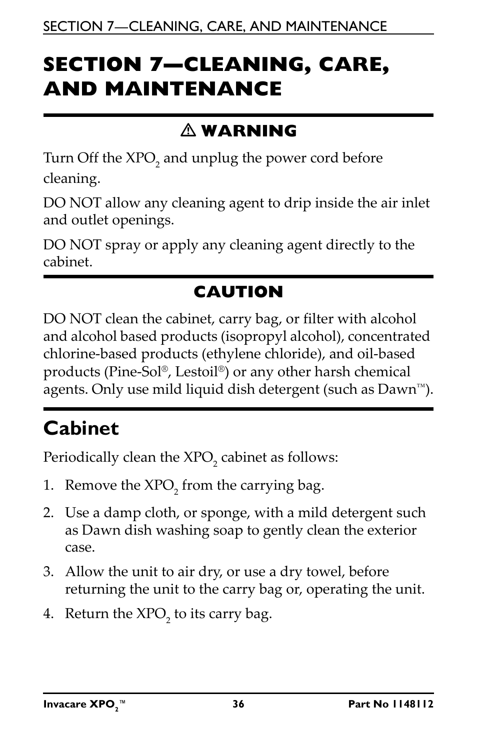 Section 7—cleaning, care, and, Maintenance, Cabinet | Ƽ warning, Caution | Activeforever Invacare XPO2 Portable Oxygen Concentrator User Manual | Page 36 / 47