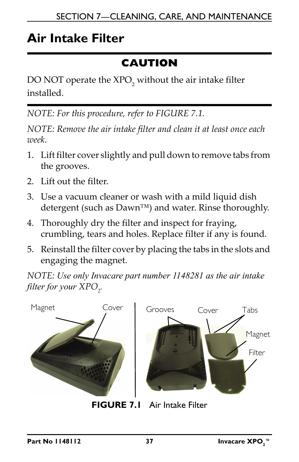 Air intake filter, Caution | Activeforever Invacare XPO2 Portable Oxygen Concentrator User Manual | Page 37 / 47