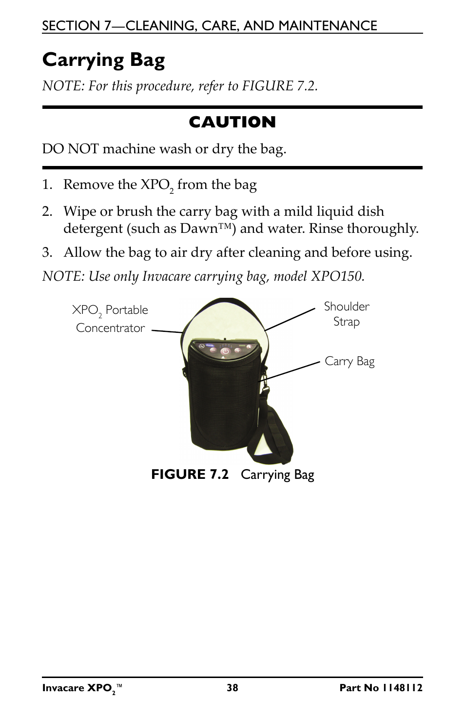 Carrying bag, Caution | Activeforever Invacare XPO2 Portable Oxygen Concentrator User Manual | Page 38 / 47