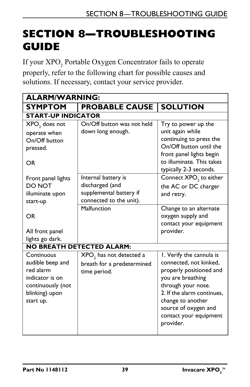 Section 8—troubleshooting guide, If your xpo | Activeforever Invacare XPO2 Portable Oxygen Concentrator User Manual | Page 39 / 47