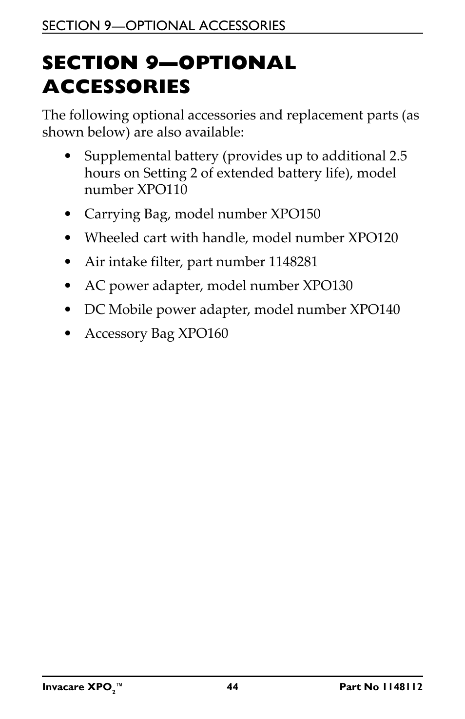 Section 9—optional accessories | Activeforever Invacare XPO2 Portable Oxygen Concentrator User Manual | Page 44 / 47