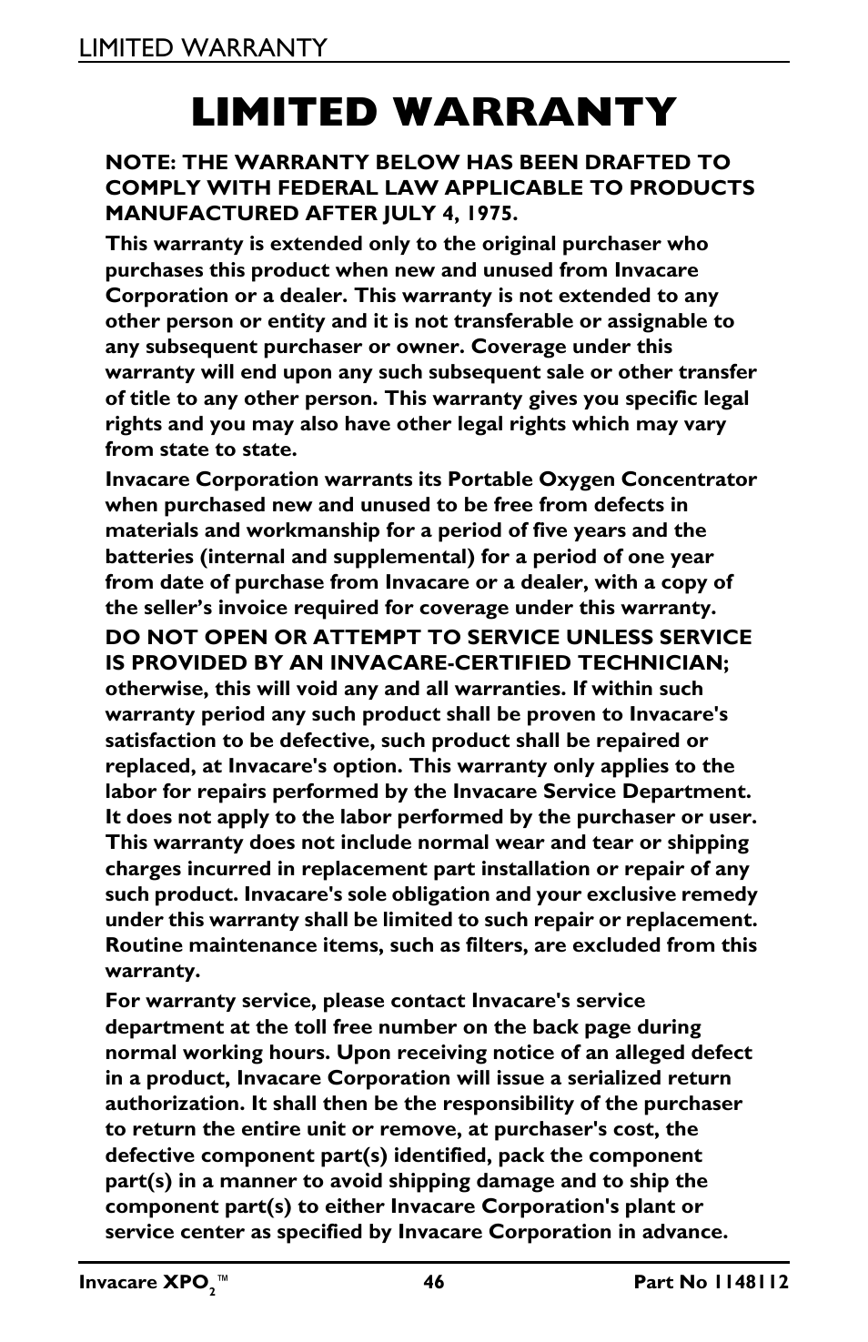 Limited warranty | Activeforever Invacare XPO2 Portable Oxygen Concentrator User Manual | Page 46 / 47