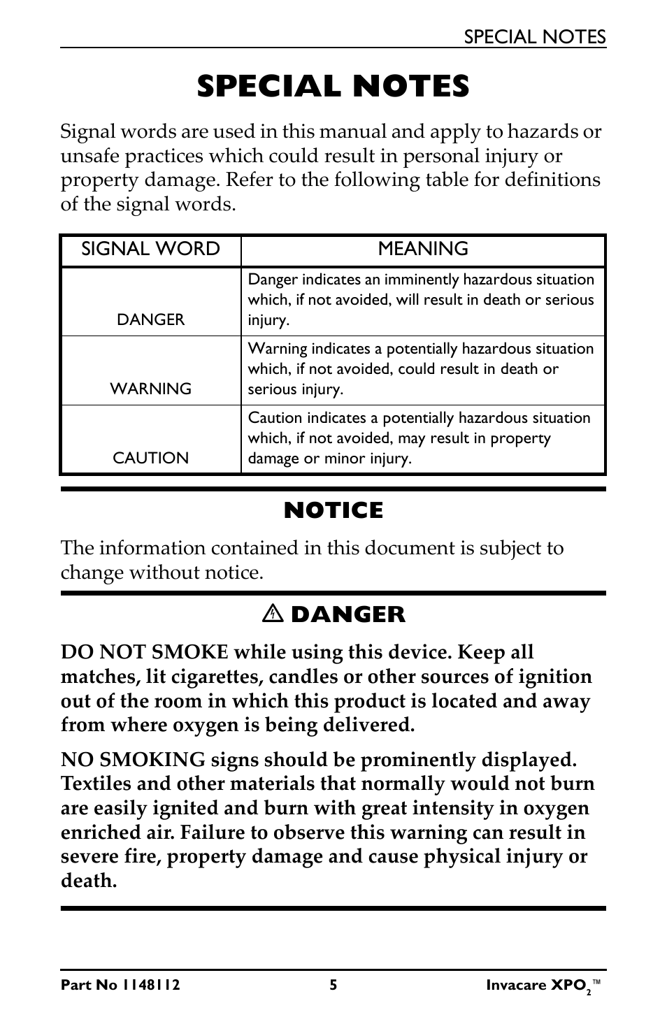 Special notes, Notice, Ꮨ danger | Activeforever Invacare XPO2 Portable Oxygen Concentrator User Manual | Page 5 / 47