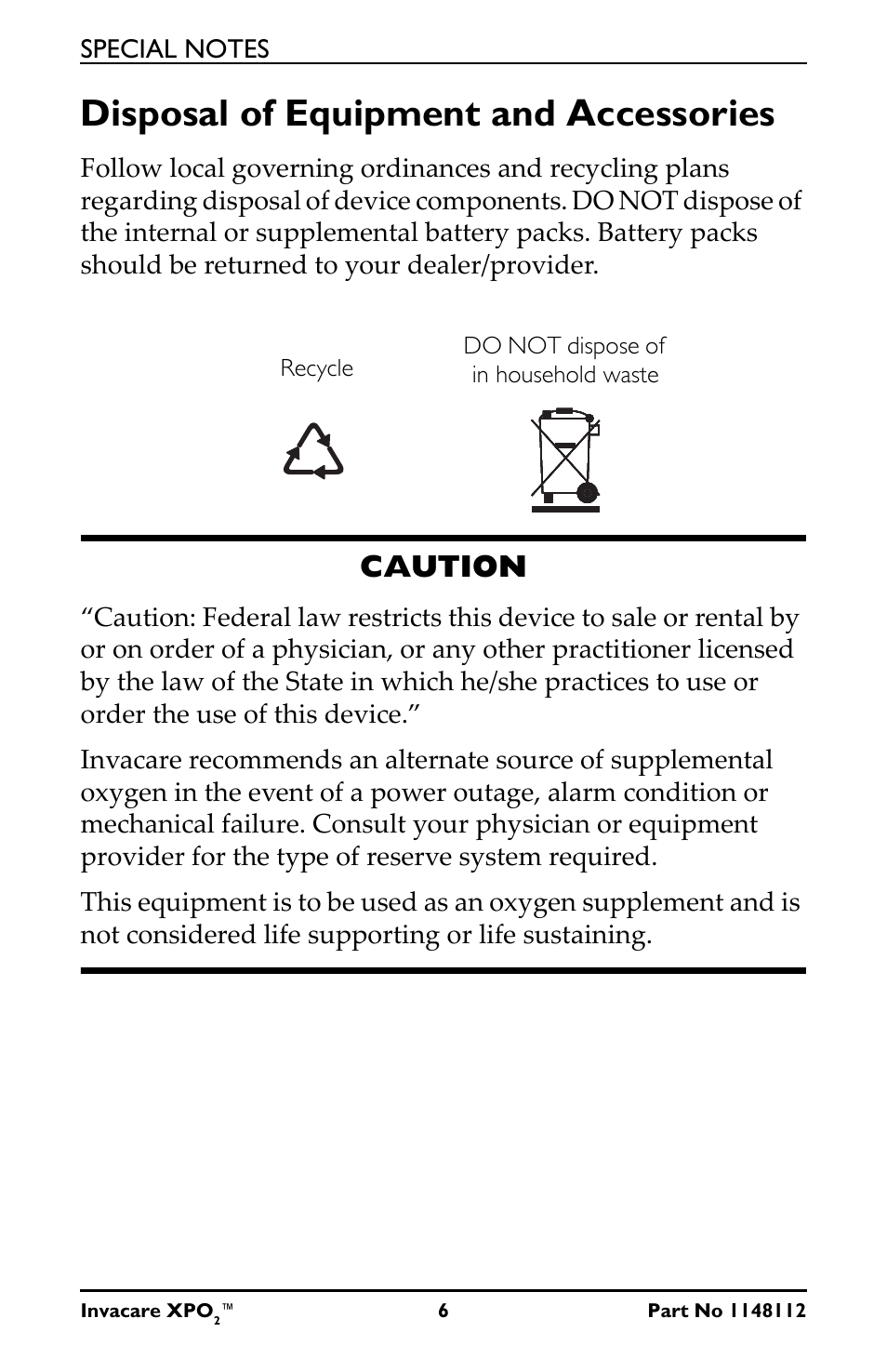 Disposal of equipment and accessories, Caution | Activeforever Invacare XPO2 Portable Oxygen Concentrator User Manual | Page 6 / 47