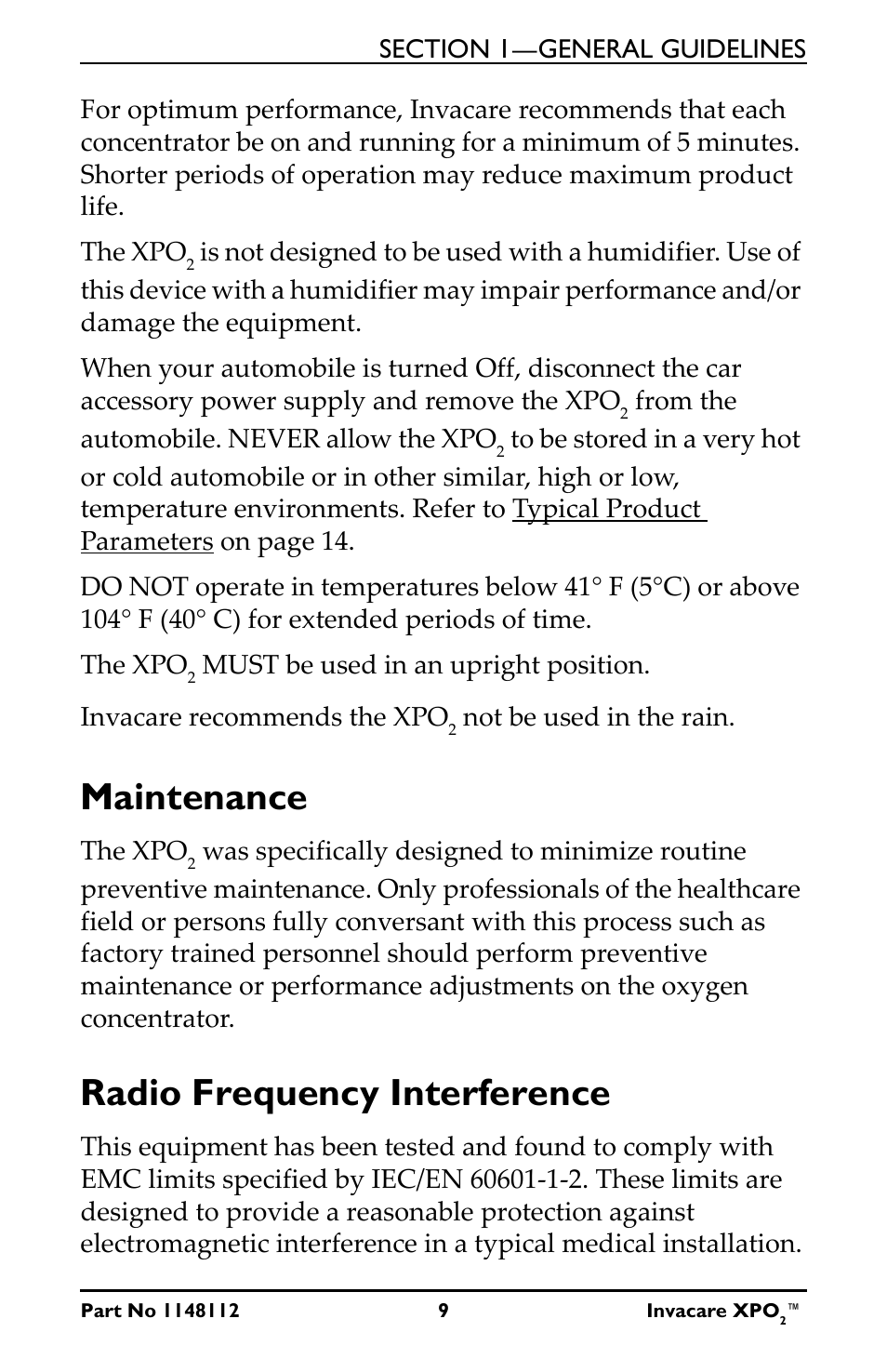 Maintenance radio frequency interference, Maintenance, Radio frequency interference | Activeforever Invacare XPO2 Portable Oxygen Concentrator User Manual | Page 9 / 47