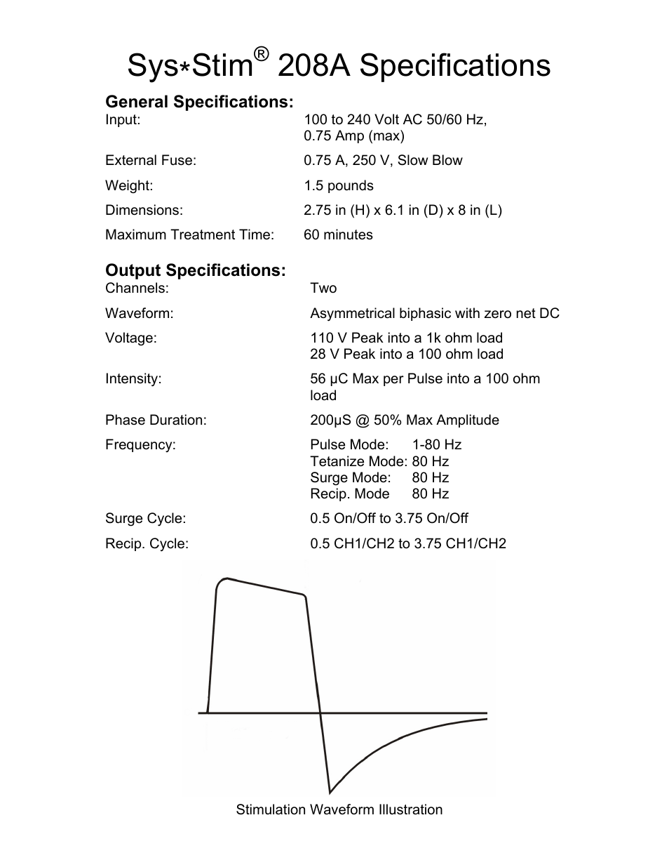 Activeforever Mettler Sys*Stim 208 Low Volt Stimulator User Manual | 1 page