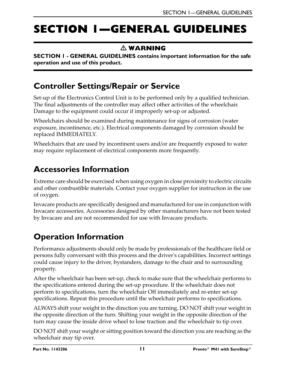 Section 1—general guidelines, Controller settings/repair or service, Accessories information | Operation information | Activeforever Invacare Pronto M41 Power Wheelchair with Semi Recline Seat User Manual | Page 11 / 69