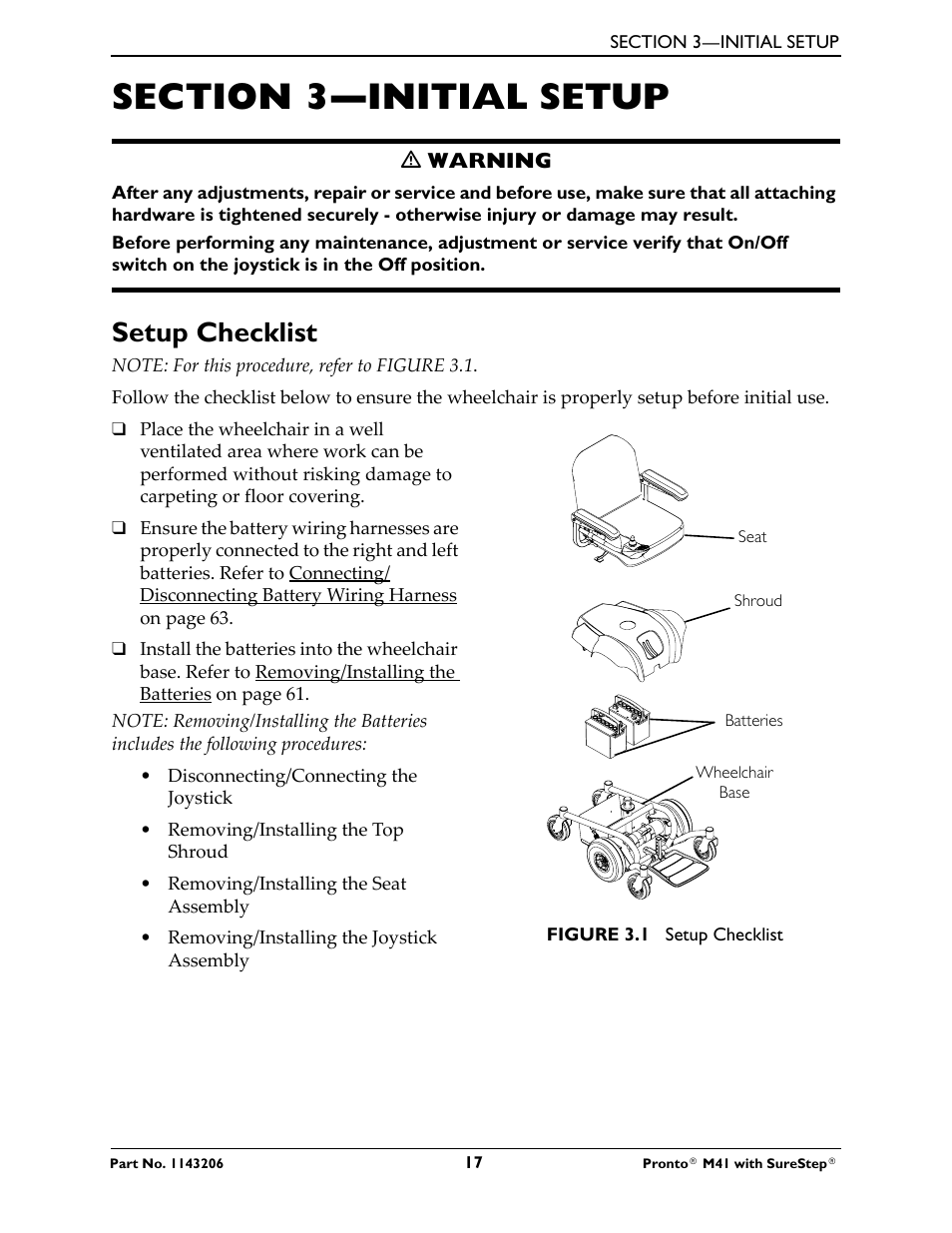 Section 3—initial setup, Setup checklist | Activeforever Invacare Pronto M41 Power Wheelchair with Semi Recline Seat User Manual | Page 17 / 69