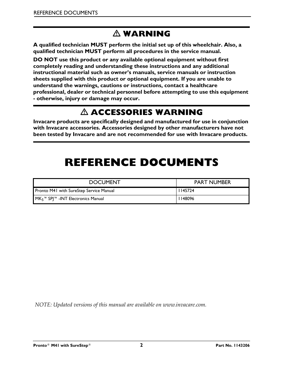 Reference documents, Ƽ warning, Ƽ accessories warning | Activeforever Invacare Pronto M41 Power Wheelchair with Semi Recline Seat User Manual | Page 2 / 69
