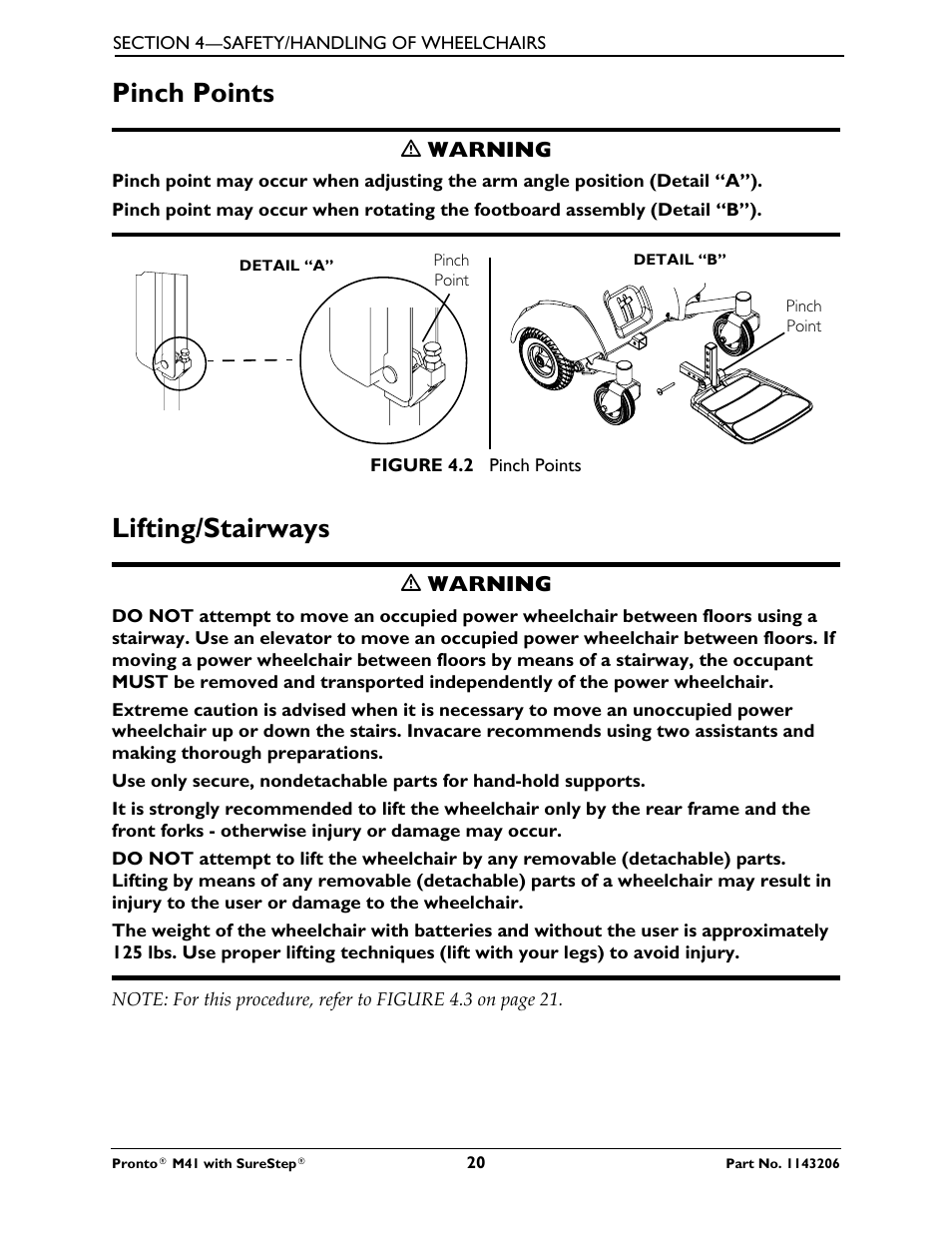 Pinch points lifting/stairways, Pinch points, Lifting/stairways | Activeforever Invacare Pronto M41 Power Wheelchair with Semi Recline Seat User Manual | Page 20 / 69