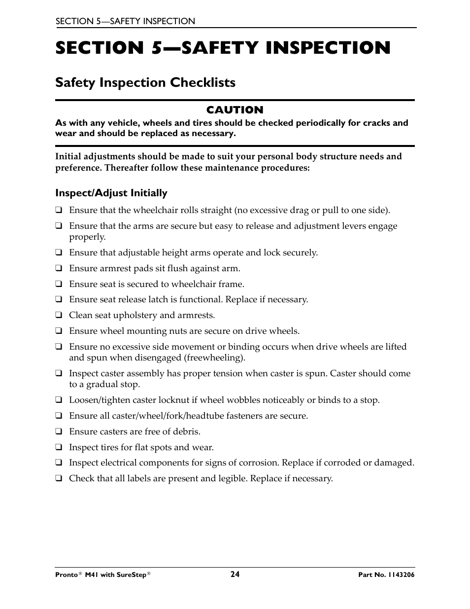 Section 5—safety inspection, Safety inspection checklists | Activeforever Invacare Pronto M41 Power Wheelchair with Semi Recline Seat User Manual | Page 24 / 69