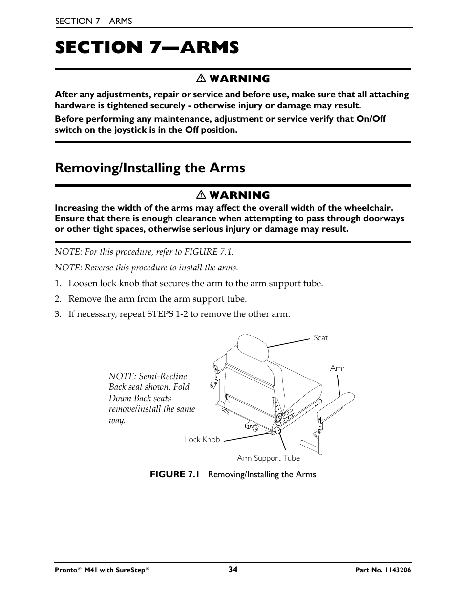 Section 7—arms, Removing/installing the arms | Activeforever Invacare Pronto M41 Power Wheelchair with Semi Recline Seat User Manual | Page 34 / 69