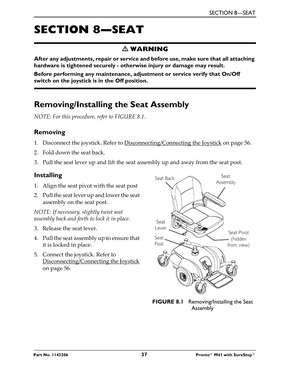 Section 8—seat, Removing/installing the seat assembly | Activeforever Invacare Pronto M41 Power Wheelchair with Semi Recline Seat User Manual | Page 37 / 69