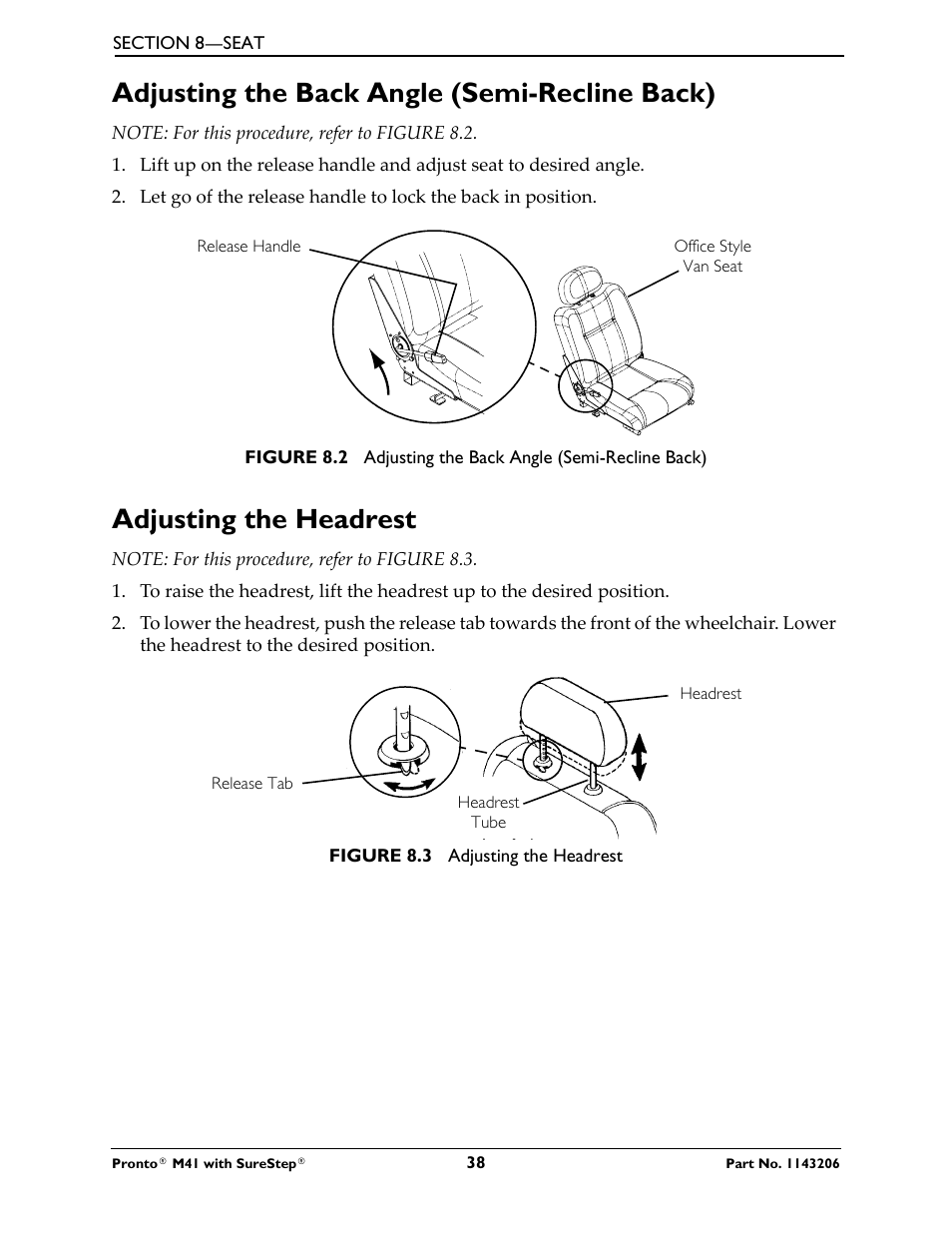 Adjusting the back angle (semi-recline back), Adjusting the headrest | Activeforever Invacare Pronto M41 Power Wheelchair with Semi Recline Seat User Manual | Page 38 / 69
