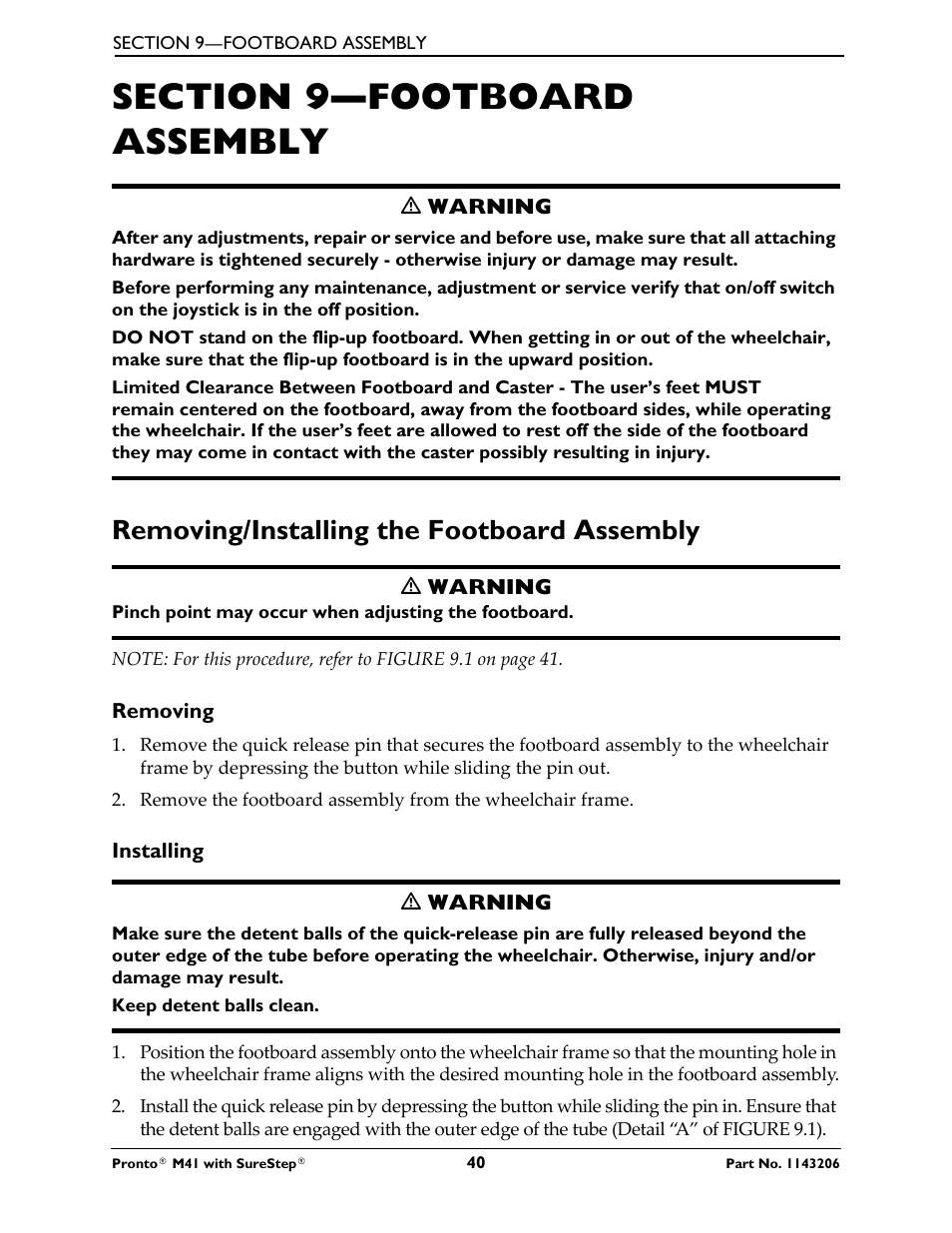 Section 9—footboard assembly, Removing/installing the footboard assembly | Activeforever Invacare Pronto M41 Power Wheelchair with Semi Recline Seat User Manual | Page 40 / 69