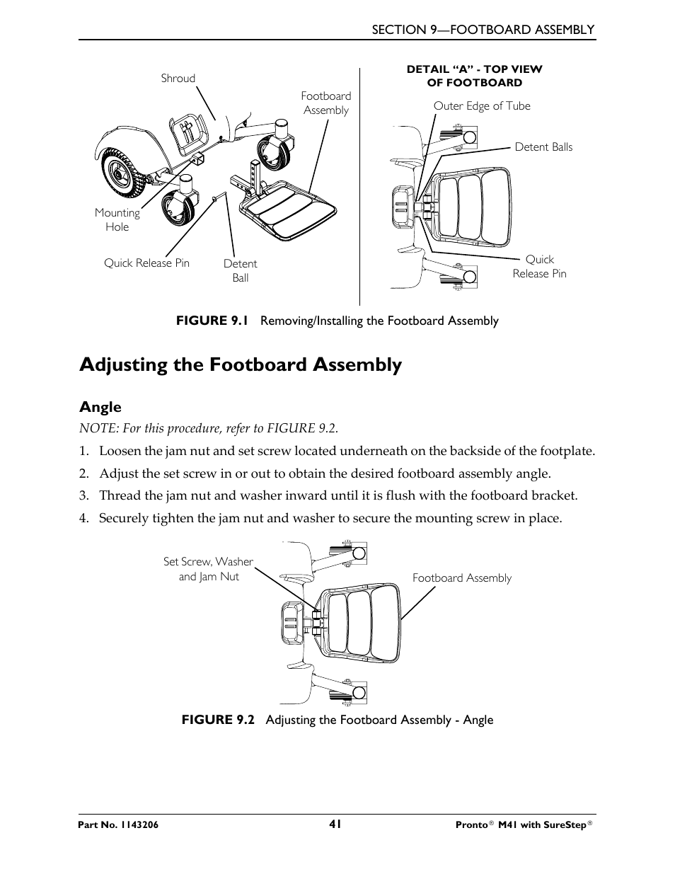 Adjusting the footboard assembly, Angle | Activeforever Invacare Pronto M41 Power Wheelchair with Semi Recline Seat User Manual | Page 41 / 69