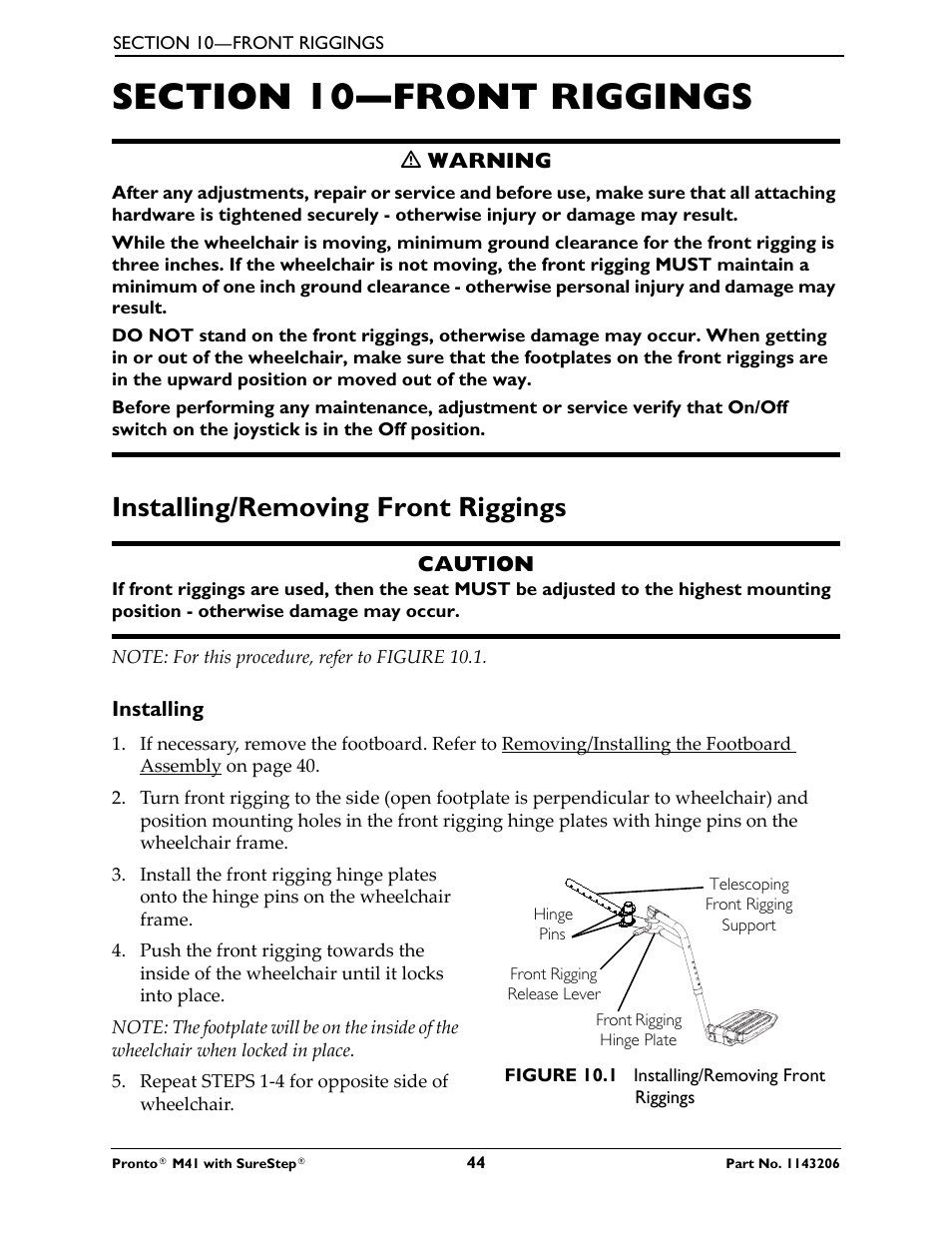 Section 10—front riggings, Installing/removing front riggings | Activeforever Invacare Pronto M41 Power Wheelchair with Semi Recline Seat User Manual | Page 44 / 69