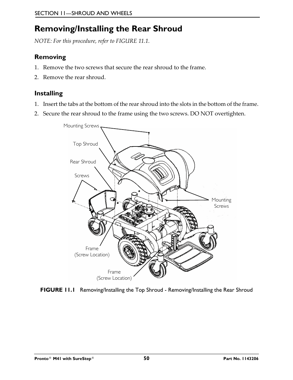 Removing/installing the rear shroud | Activeforever Invacare Pronto M41 Power Wheelchair with Semi Recline Seat User Manual | Page 50 / 69