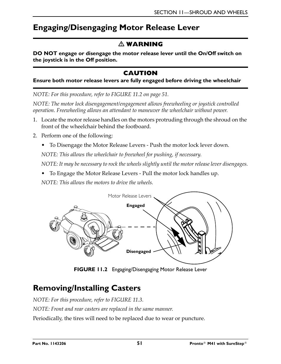 Engaging/disengaging motor release lever, Removing/installing casters | Activeforever Invacare Pronto M41 Power Wheelchair with Semi Recline Seat User Manual | Page 51 / 69