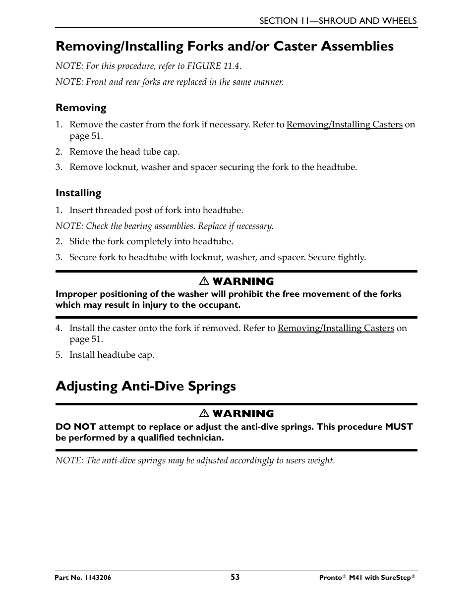 Removing/installing forks and/or caster assemblies, Adjusting anti-dive springs | Activeforever Invacare Pronto M41 Power Wheelchair with Semi Recline Seat User Manual | Page 53 / 69